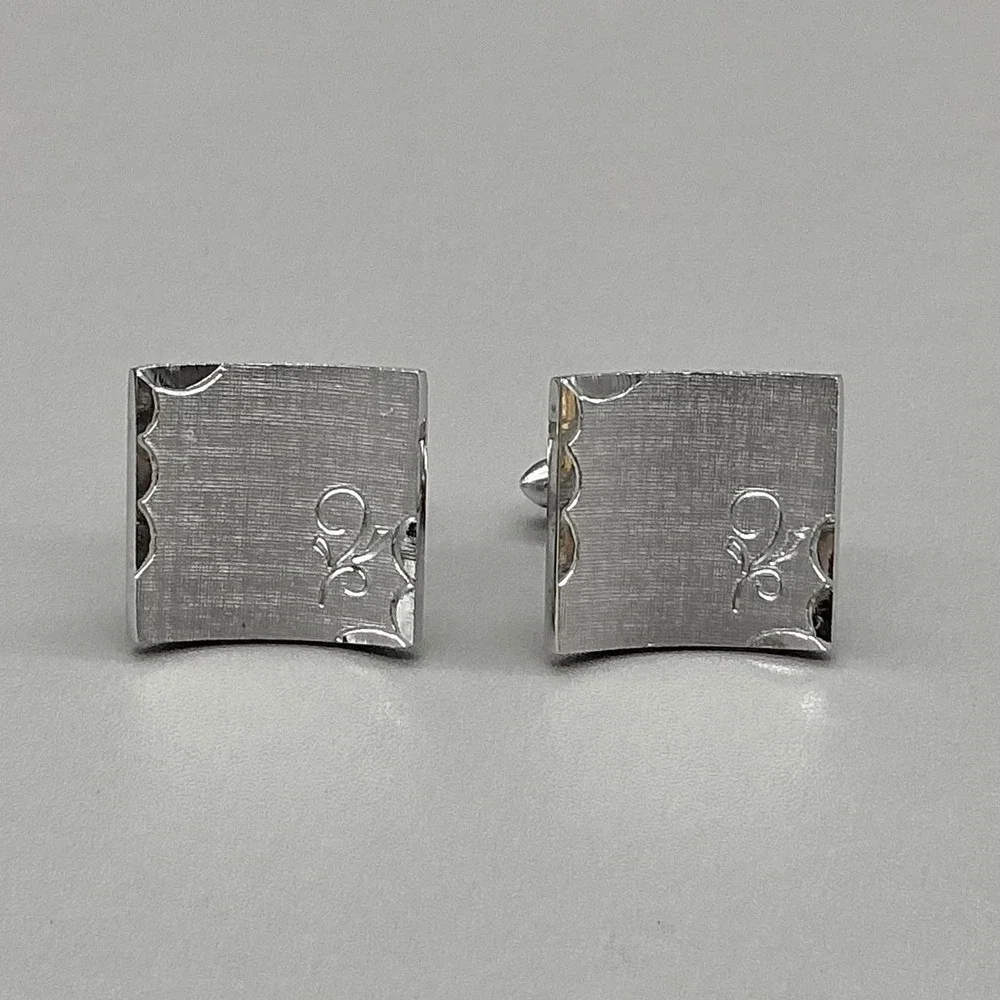 Swank Vintage Square Cufflinks Silver Tone Engraved Scroll Men's Dress Jewelry
